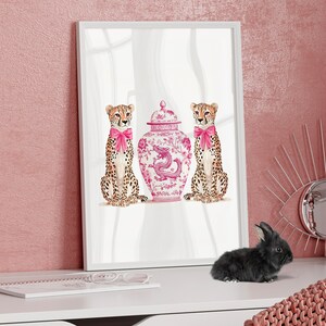 Chinoiseries Cheetah Art Poster or Canvas, Pink Ginger Jar Girls Room Decor, Chinese Jar Minimalist Art Print, Love Shack Fancy Wall Prints