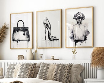 Black And White Elegant Girly Thing Wall Art Print, Classy Perfume High Heels Bag Poster, Stylish Girl Room Decoration, Perfect Gift For Her