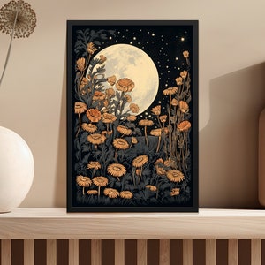 Moon And Flowers Vintage Block Print Style Wall Art, Mystical Celestial Whimsigoth Art, Ethereal Moonlight Cottagecore Flowers Floral Poster