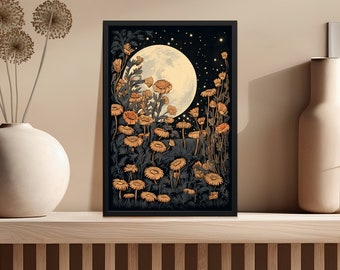 Moon And Flowers Vintage Block Print Style Wall Art or Canvas, Mystical Celestial Whimsigoth Ethereal Moonlight Cottagecore Floral Poster