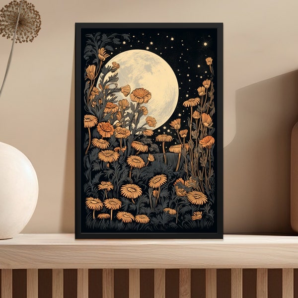 Moon And Flowers Vintage Block Print Style Wall Art, Mystical Celestial Whimsigoth Art, Ethereal Moonlight Cottagecore Flowers Floral Poster