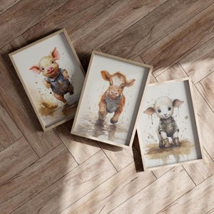 Farm Animal On The Mud Wall Art Set Of 3 or Canvas, Pig Sheep Cow Print, Unique Baby Poster, Whimsical Farm House Decor, Baby Shower Gift