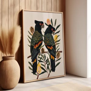 Black Cockatoos And Banksia Art Print Canvas or Poster Print, Australian Bird Minimalist Black Bird Art Tropical Decor, Botanical Art Print