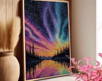 Colorful Northern Lights Painting Poster or Canvas Print, Aurora Borealis Over Mountains and Forest Wall Art, Starry Night Sky Home Decor
