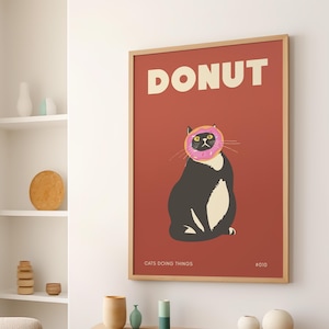 Cat Doing Things Black Cat Donut Face Poster or Canvas Print, Cat Posters, Funny Cat Kitchen Decor, Retro Cat Wall Art, Humorous Cat Print