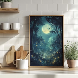Whimsical Moonlit Forest Dark Blue Wall Art Poster or Canvas Print, Luminous Fireflies Fantasy Landscape, Magical Night Cottagecore Decor