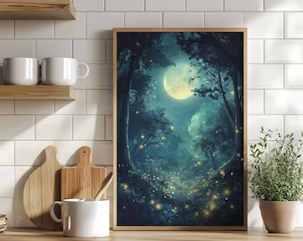 Whimsical Moonlit Forest Dark Blue Wall Art Poster or Canvas Print, Luminous Fireflies Fantasy Landscape, Magical Night Cottagecore Decor
