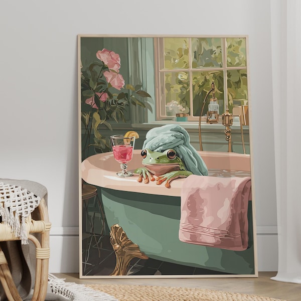 Cute Frog in Bathtub Art Poster or Canvas Print, Cottagecore Frog with Drink Bathroom Poster, Cozy Print Whimsical Frog Illustration Decor