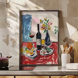 Dinner Table Food Painting Poster or Canvas Print, Retro Poster Abstract, Retro Food Illustration, Vintage Kitchen Poster, Restaurant Decor