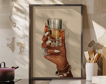 African American Woman Hand Holding Shot Glass Wall Art Poster or Canvas Print, Afrocentric Liquor Print, Bar Cart Decor Black Female Poster