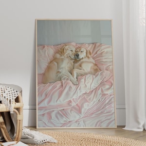 Golden Retriever Couple in Bed Poster or Canvas Print, Romantic Dog Couple Art Print, Dog Lovers Gift, Cute Dogs Pastel Pink Bedroom Decor