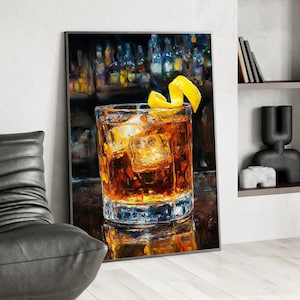 Rusty Nail Cocktail Oil Painting Poster or Canvas, Cocktail in Whiskey Glass Print, Unique Man Cave Decor Perfect Gift For Cocktail Lovers