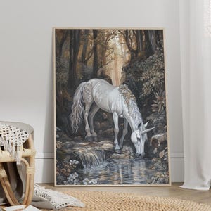Unicorn Drinking From a Crystal Stream Oil Painting Poster or Canvas Print, Unicorn in the Forest Enchanted Art Print, Magical Unicorn Print