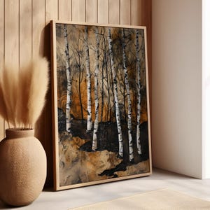 Abstract White Birch Tree Dark Wall Art Poster or Canvas Print, Cabin Art, Dark Rustic Woodland Nature Art Print, Forest Trees Cottage Decor