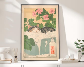 Japanese Woodblock Style Cat in a Bathtub Wall Art Poster or Canvas Print, Floral Botanical Minimalist Poster, Quirky Cat Art Bathroom Decor