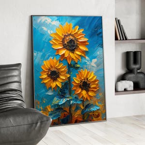 Sunflower in the Wind Oil Painting Art Print or Canvas, Abstract Sunflower Floral Botanical Art Print, Vintage Blue and Yellow Poster