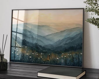 Misty Blue Ridge Mountains Floral Art Poster or Canvas, Watercolor Flowers, Mountains and Wildflowers Art, White Flowers Nature Wall Art