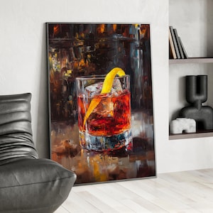 Sazerac Cocktail With Lemon Peel Oil Painting Poster or Canvas, Whiskey Glass Print, Unique Man Cave Decor Perfect Gift For Whiskey Lovers
