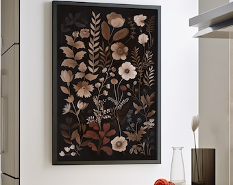 Impresión o lienzo de arte floral oscuro y melancólico, arte de pared melancólico, decoración de pared botánica con flores minimalistas, impresión de arte bohemio con flores modernas y serenas.