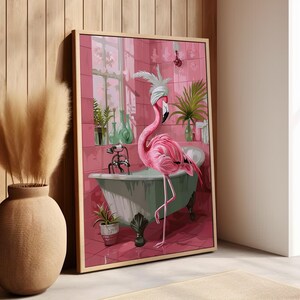 May include: A pink flamingo with a white towel on its head stands in a white bathtub with a green exterior. The flamingo is in a pink tiled bathroom with green plants and bottles.