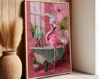 Pink Flamingo in the Pink Bathroom Pink Wall Art Poster or Canvas Print, Retro Style Bathroom Flamingo Print Tropical Pink Bird Bathroom Art