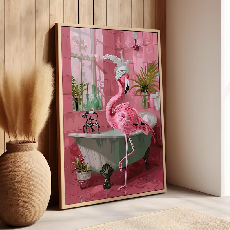 May include: A pink flamingo with a white towel on its head stands in a white bathtub with a green exterior. The flamingo is in a pink tiled bathroom with green plants and bottles.