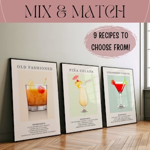 9 Cocktails and Their Ingredients Mix & Match Retro Wall Art Poster or Canvas Print 3 Set, Cocktail Poster, Bar Cart Wall Decor Signs