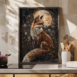 Vintage Fox in a Serene Moonlight Van Gogh Inspired Painting Poster or Canvas Print, Floral Botanical Fox Print, Mystical Red Fox Wall Art