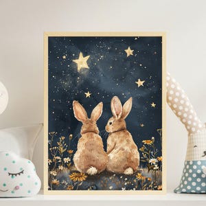 Cute Bunny Lover Canvas Art Print or Canvas Watercolor Style Couple Bunny Print, Aesthetic Starry Night Poster, Gift For Animal Lover Easter