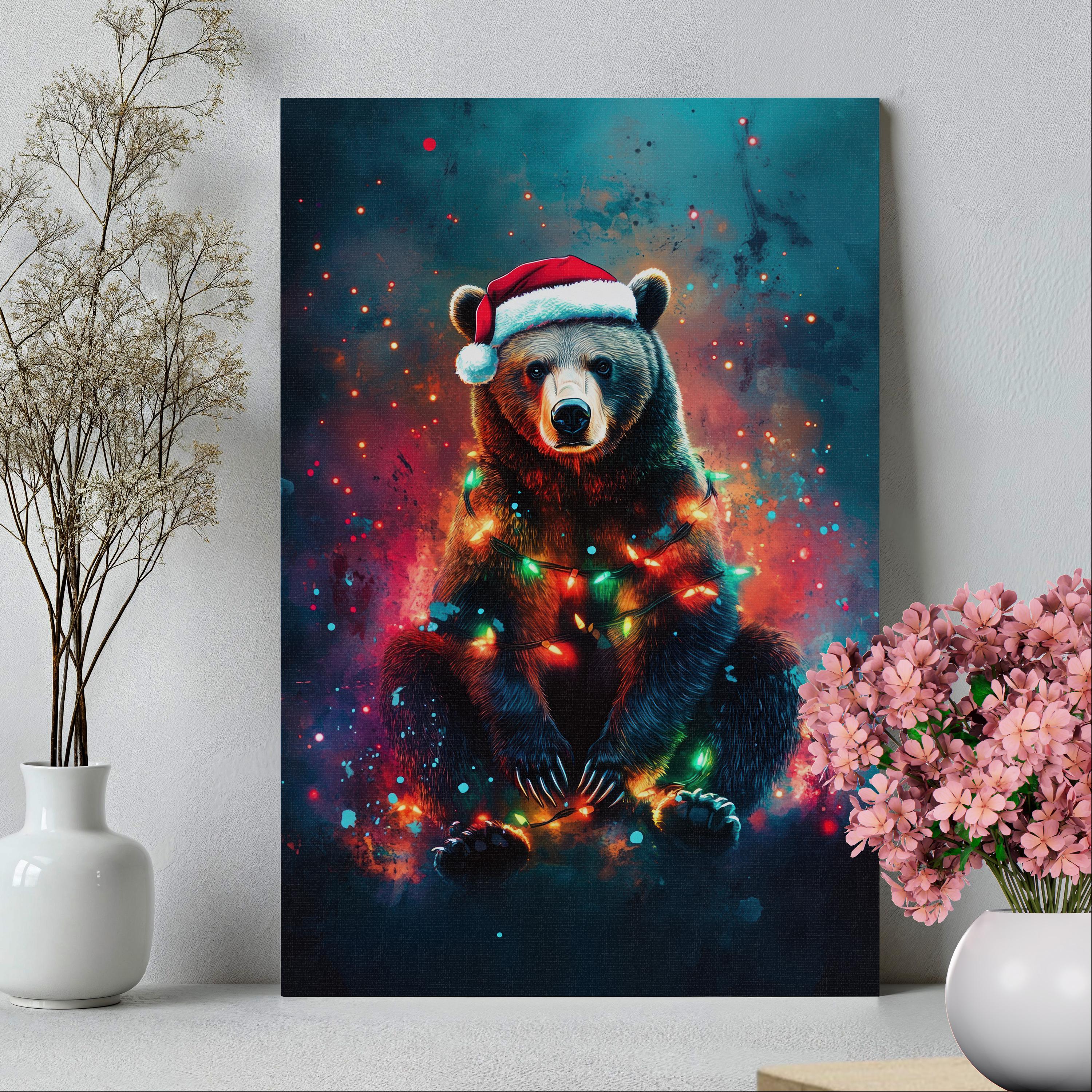 Grizzly Bear With Christmas Lights and Santa Hat Poster or Canvas Print ...