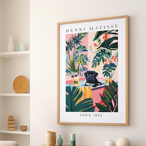 Black Pug in Bathtub Wall Art Poster or Canvas Print, Funny Bathroom Print, Henri Matisse Artwork, Maximalist Animal Decor, Whimsy Dog Print
