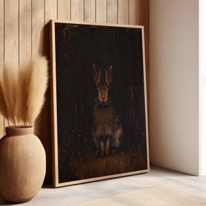 Rabbit Painting Rustic Wildlife Wall Art or Canvas Print, Dark Academia Hare Art Print, Moody Hare Painting,  Spooky Forest Animal Poster