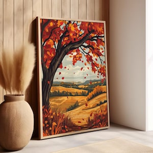 Autumn Tree Nature Art Print Poster or Canvas Print, Fall Season Wall Art, Cottagecore Decor, Fall Red Leaves Tree Botanical Art Fall Decor