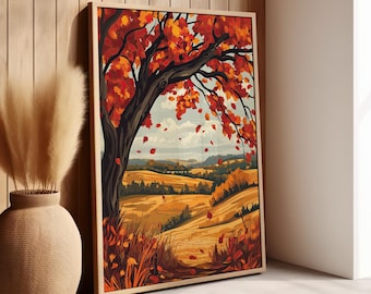 Autumn Tree Nature Art Print Poster or Canvas Print, Fall Season Wall Art, Cottagecore Decor, Fall Red Leaves Tree Botanical Art Fall Decor