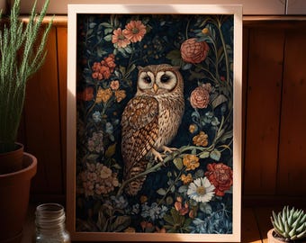 Owl Garden Art William Morris Inspired Oil Painting Poster or Canvas Print, Vintage Owl in the Flower Garden Art, Modern Botanical Bird Art