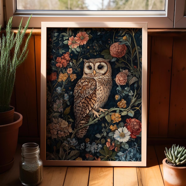 Owl Garden Art William Morris Inspired Oil Painting Poster or Canvas Print, Vintage Owl in the Flower Garden Art, Modern Botanical Bird Art