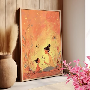Whimsical Mother and Daughter Line Art Print Poster or Canvas, Glowing Dreamy Art, Cute Mother's Day Illustration, Warm Cartoon Love Poster
