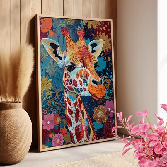 Strawberry Style Giraffe Wall Art Print or Canvas, Colorful Safari Poster, Boho Giraffe Modern Nursery Decor, Perfect Gift For Animal Lovers