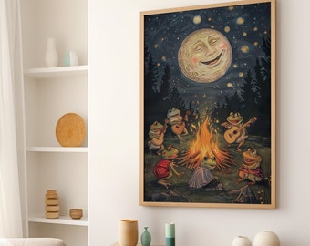Smiling Moon Over Singing Frogs Retro Frog Poster or Canvas, Frogs Campfire Magical Moon Night Art Print, Vintage Whimsical Toads Wall Art