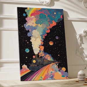 Train in Space Colorful Illustration Poster or Canvas Print, Starry Night Sky Art Print, Whimsical Celestial Black Poster, Surreal Wall Art