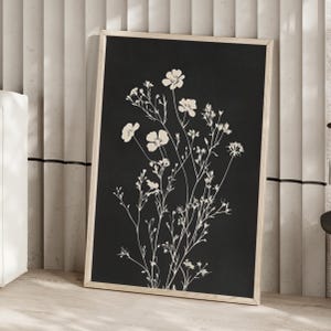 White Wildflowers Drawing Dark Wall Art Poster or Canvas Print, Dark Cottagecore Botanical Wall Art, Dark Floral Minimalist Boho Wall Decor