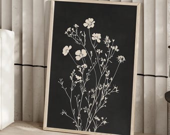 White Wildflowers Drawing Dark Wall Art Poster or Canvas Print, Dark Cottagecore Botanical Wall Art, Dark Floral Minimalist Boho Wall Decor