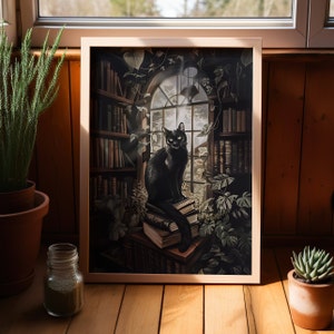 ダークコテージコアアートの黒猫の図書館のポスタープリントまたはキャンバス、キャットレディウィムシゴスの魔女の黒猫ダークアカデミアビクトリア朝の壁アート