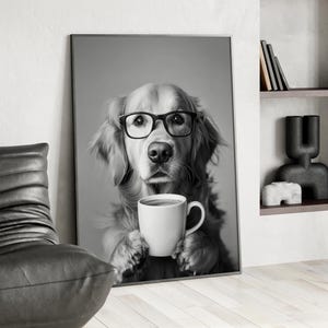 Black and White Golden Retriever Drinking Coffee Wall Art Poster or Canvas Print, Retro Kitchen Print Funny Dog Coffee Bar Trendy Art Print