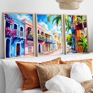 Puerto Rico Cityscape Watercolor Print Set of 3 Poster or Canvas, Watercolor House Wall Art, Colorful Buildings Print, Tropical City Art