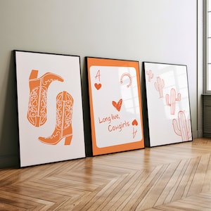 Set of 3 Cactus Cowgirl Boots Ace of Hearts Playing Card Art Print or Canvas, Orange Wall Decor, Orange Long Live Cowgirl Poker Card Poster