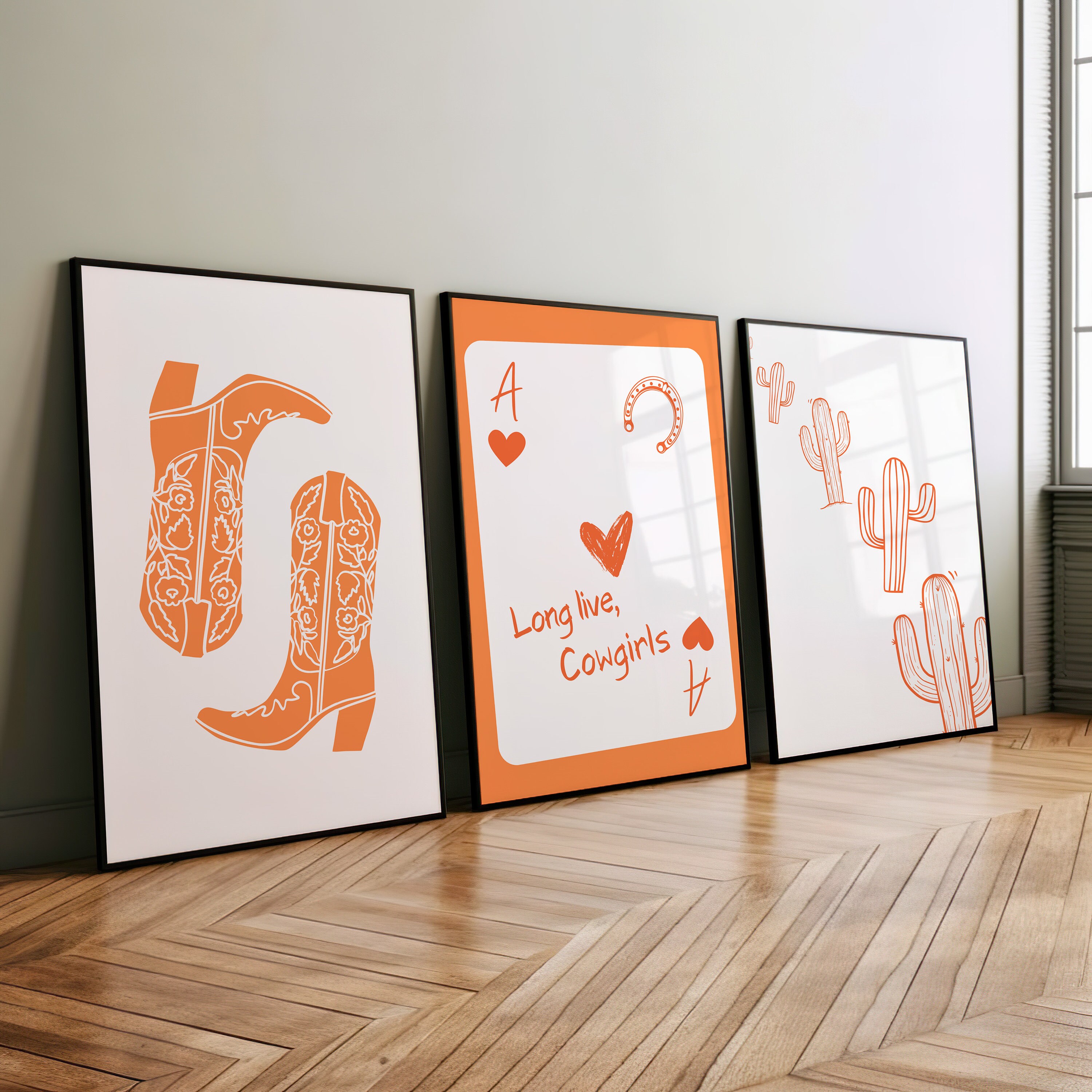 Set of 3 Cactus Cowgirl Boots Ace of Hearts Playing Card Art Print or Canvas, Orange Wall Decor, Orange Long Live Cowgirl Poker Card Poster