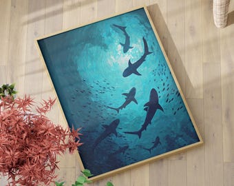 Deep Sea Sharks Silhouette Watercolor Wall Art Poster or Canvas Print, Nautical Minimalist Art Blue Marine Life Painting, Beach House Decor