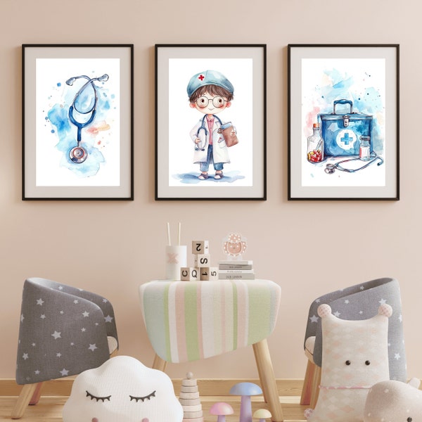 Aquarel-stijl kleine jongen arts muur kunst set van 3, medische kit print, trendy jongen slaapkamer decoratie, perfect cadeau voor jongen peuter poster