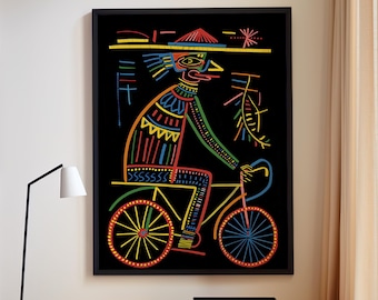 Haitian Voodoo Folk Art Modern Art Man on Bicycle Colorful Line Art Poster or Canvas Print, Minimalist Man Riding Bicycle Dark Boho Decor